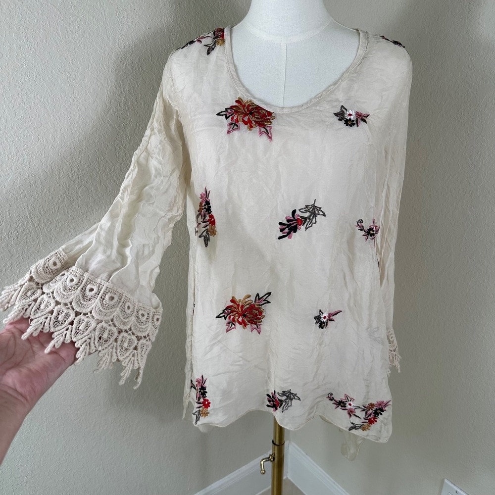 Belle France Tunic Top Women S Cream Boho Embroidered Silk Blend Made In Italy